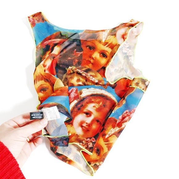 Woman’s All Over Face Print Sheer Mesh Crop Top - Picture 3 of 4